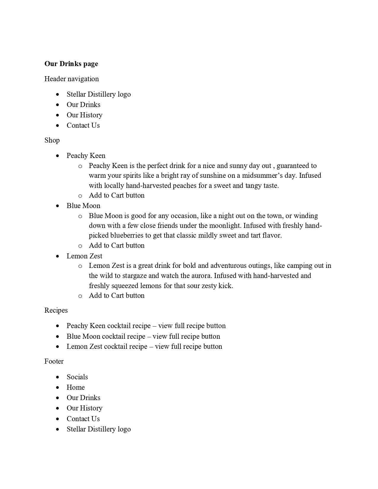 content document for the drinks page