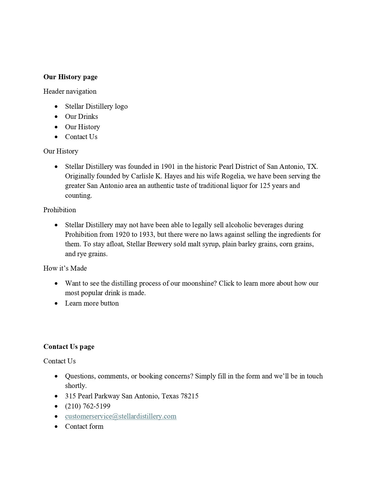 content document for the history and contact page